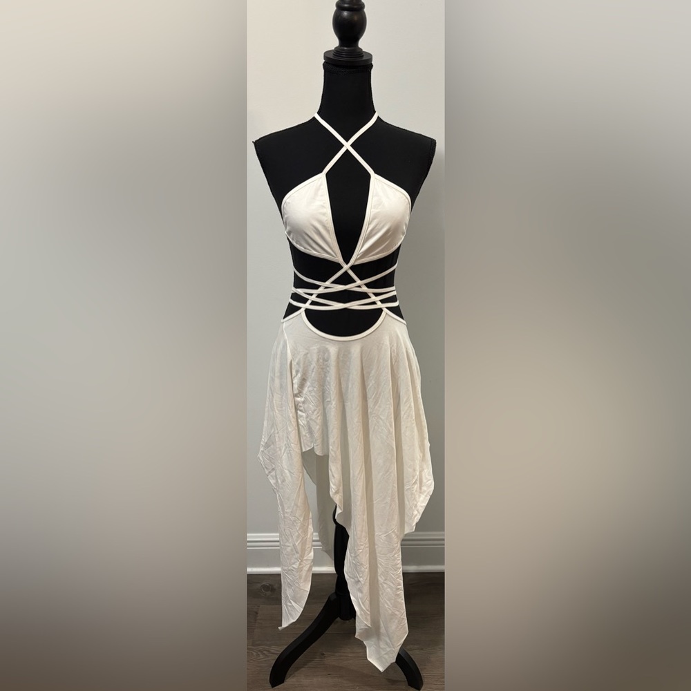 NWOT Dolls Kill / Darker Wavs White Echo Asymmetrical Mesh Wrap Dress